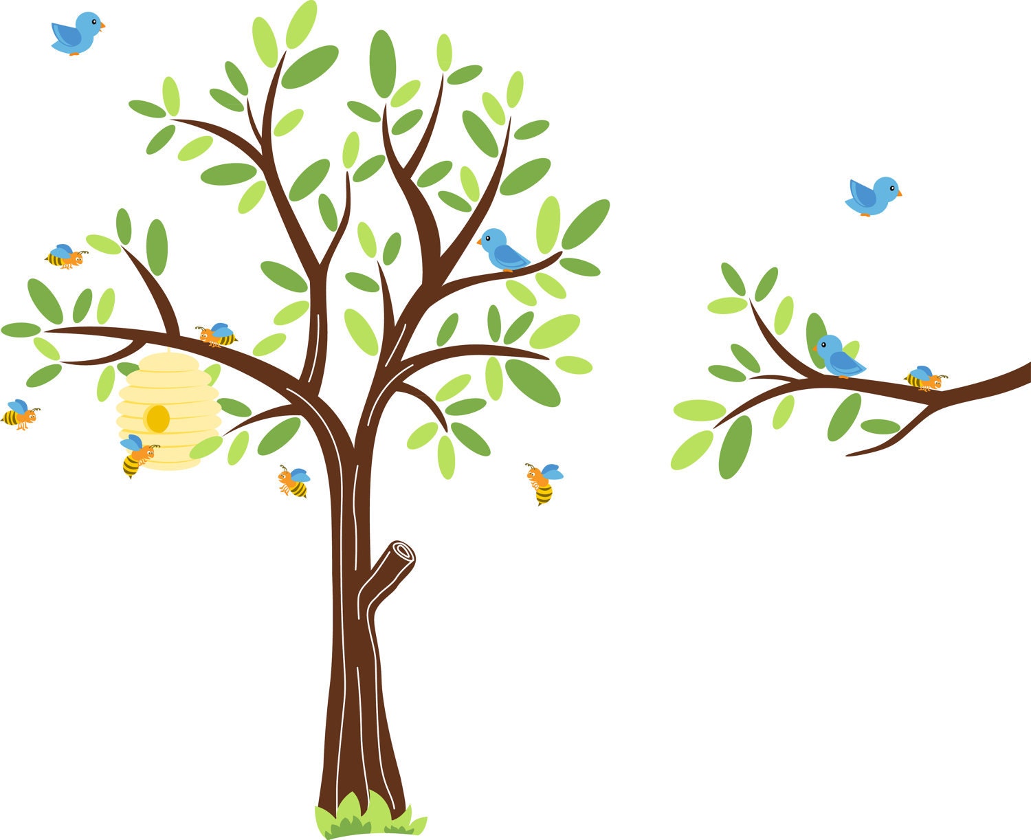 ON SALE Kids vinyl wall decal Tree with a tree branch set with birds bee hive and bumble bees