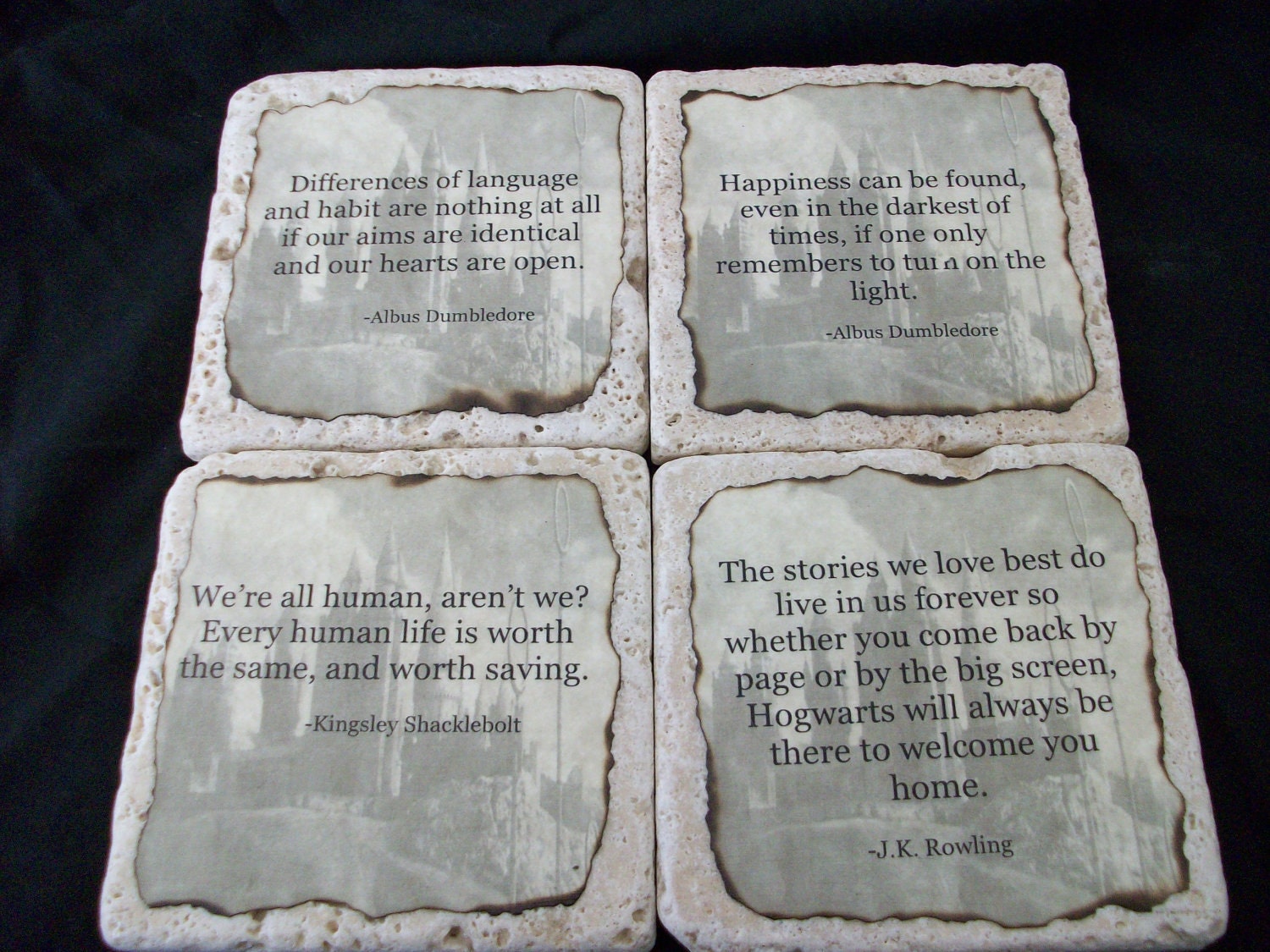 Harry Potter Coasters - Set of 4 - Quotes with Hogwarts as Background Burnt Edges Tumbled Stone