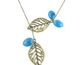 antiqued vintage leaf blue jasper beads lariat beadwork stone necklace pendant with 16 inches chain