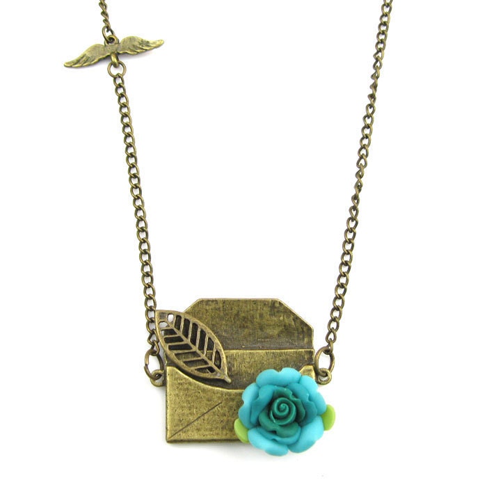 green antiqued vintage bronze envelope leaf polymer clay flower wings metalwork necklace pendant with 18 inches chain handmade jewelry