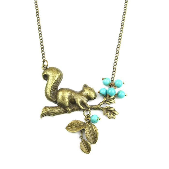 antiqued vintage branch trunk squirrel leaf blue turquoise beaded beadwork metalwork necklace pendant with 16 inches chain handmade jewelry