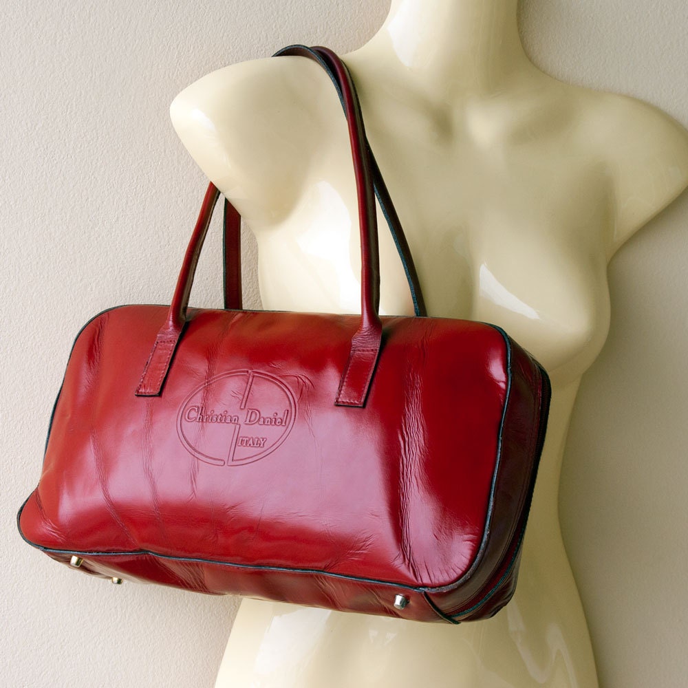 REAL VINTAGE 1970, genuine red leather handbag, red delicious, purse, Christian Daniel, Italy