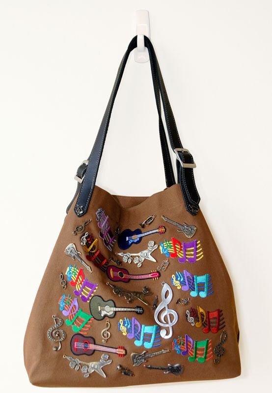 Brown canvas tote, leather shoulder straps, music theme, embroideries, ONE OF A KIND