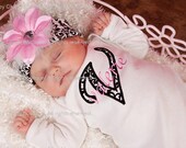 Baby Girl Infant Gown or Onesie with Lily Flower Beanie Hat - Damask Initial Applique - Newborn thru 12 months