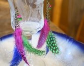 Colorful Feather Earrings - Pink, Blue, Green with Crystal Charms