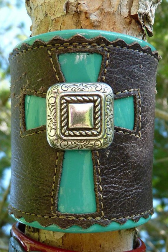 Brown Turquoise Leather Cross Cuff Bracelet Western Cowgirl with Silver Concho