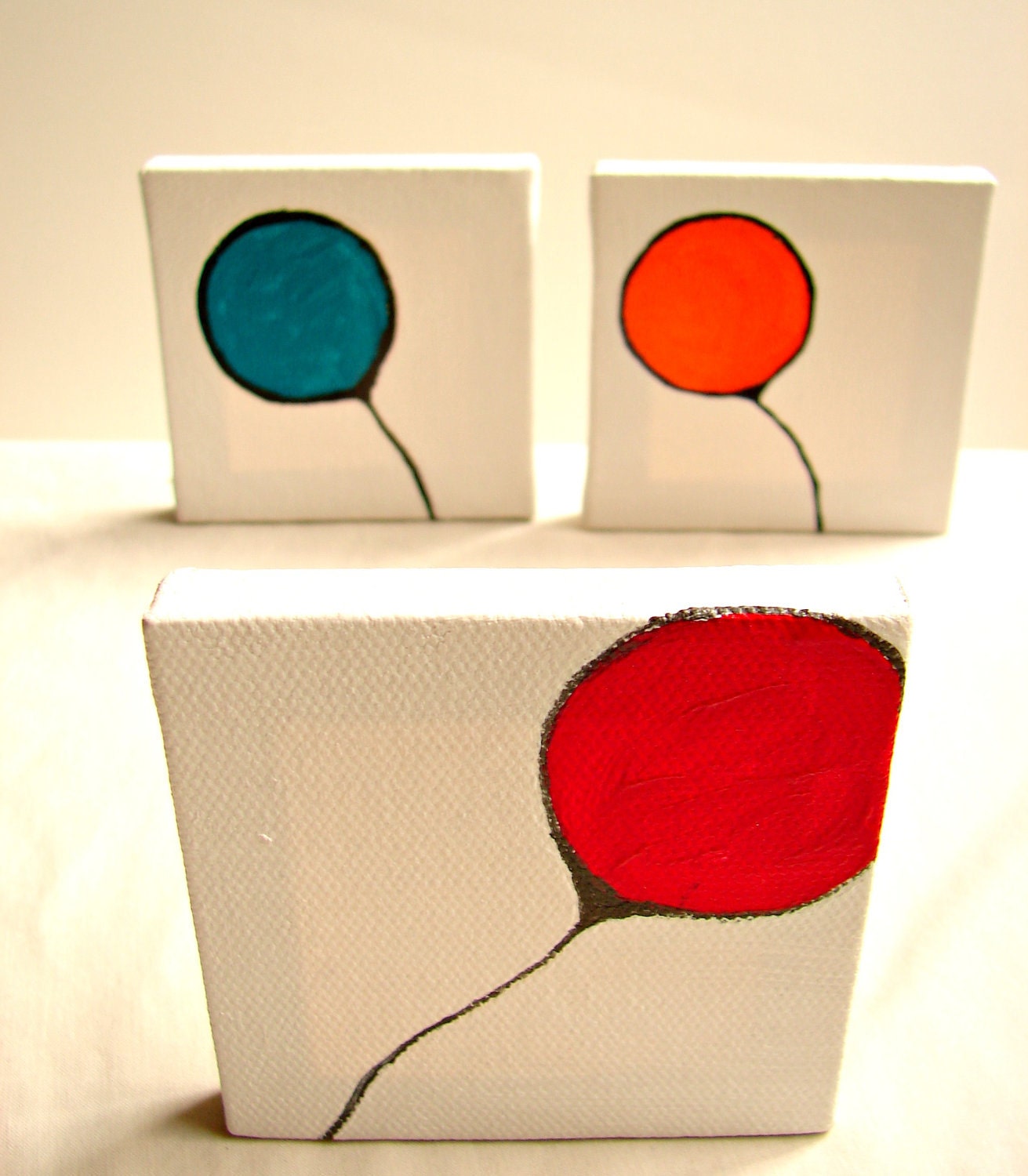 Original Mini Canvas Art Triptych-Whimsical Acrylic-Tangerine Turquoise Red, Nursery Art, Baby Boy Room-Made to Order