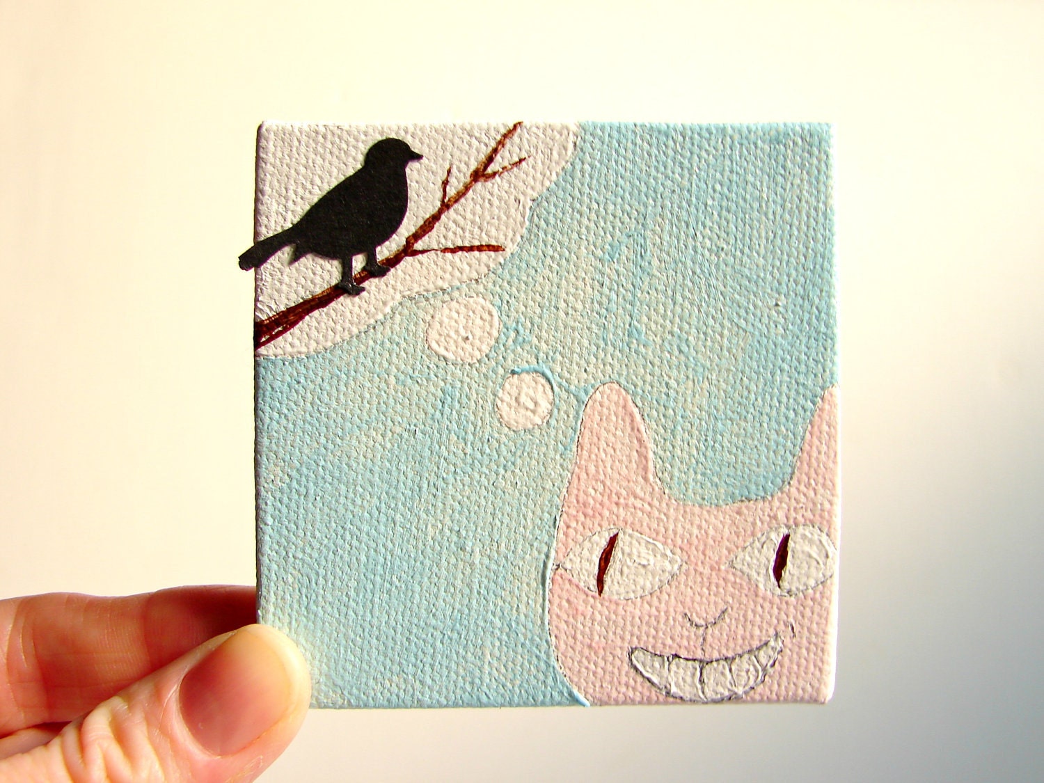 Home Decor, Wall Decor Cheshire Cat-Original Art on Canvas-Cat and Bird in His Thought Bubble