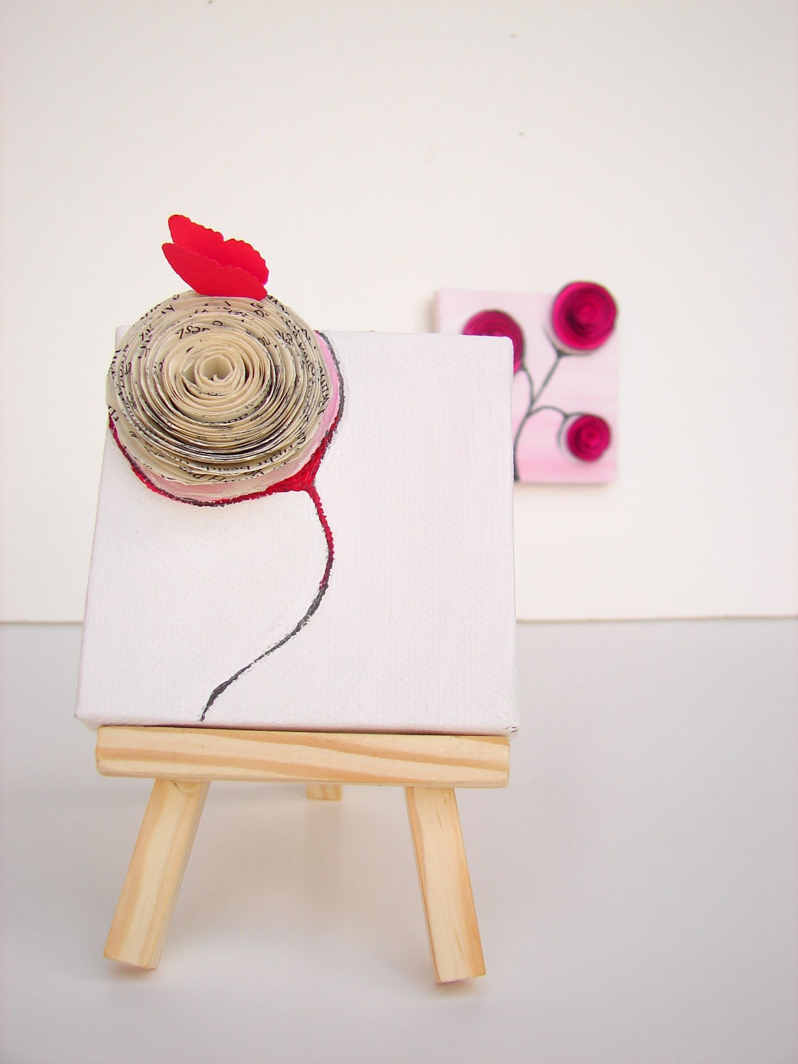 Book Paper Rosette, Original Painting on Canvas / Mixed Media Acrylic & Paper Miniature Art 3"x3"