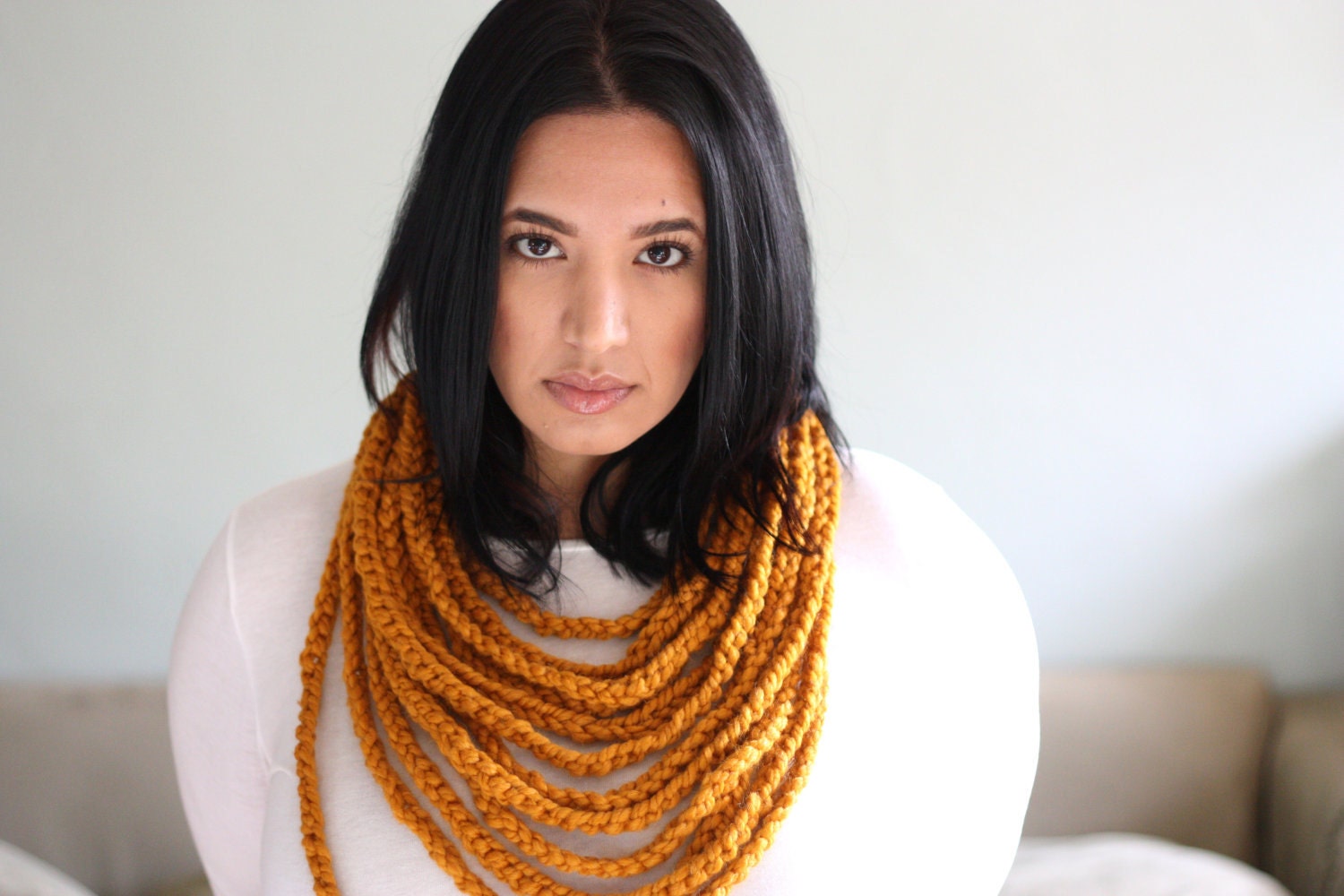 the Mister T // chain warmer necklace infinity loop scarf crocheted // butterscotch yellow // fall winter accessory