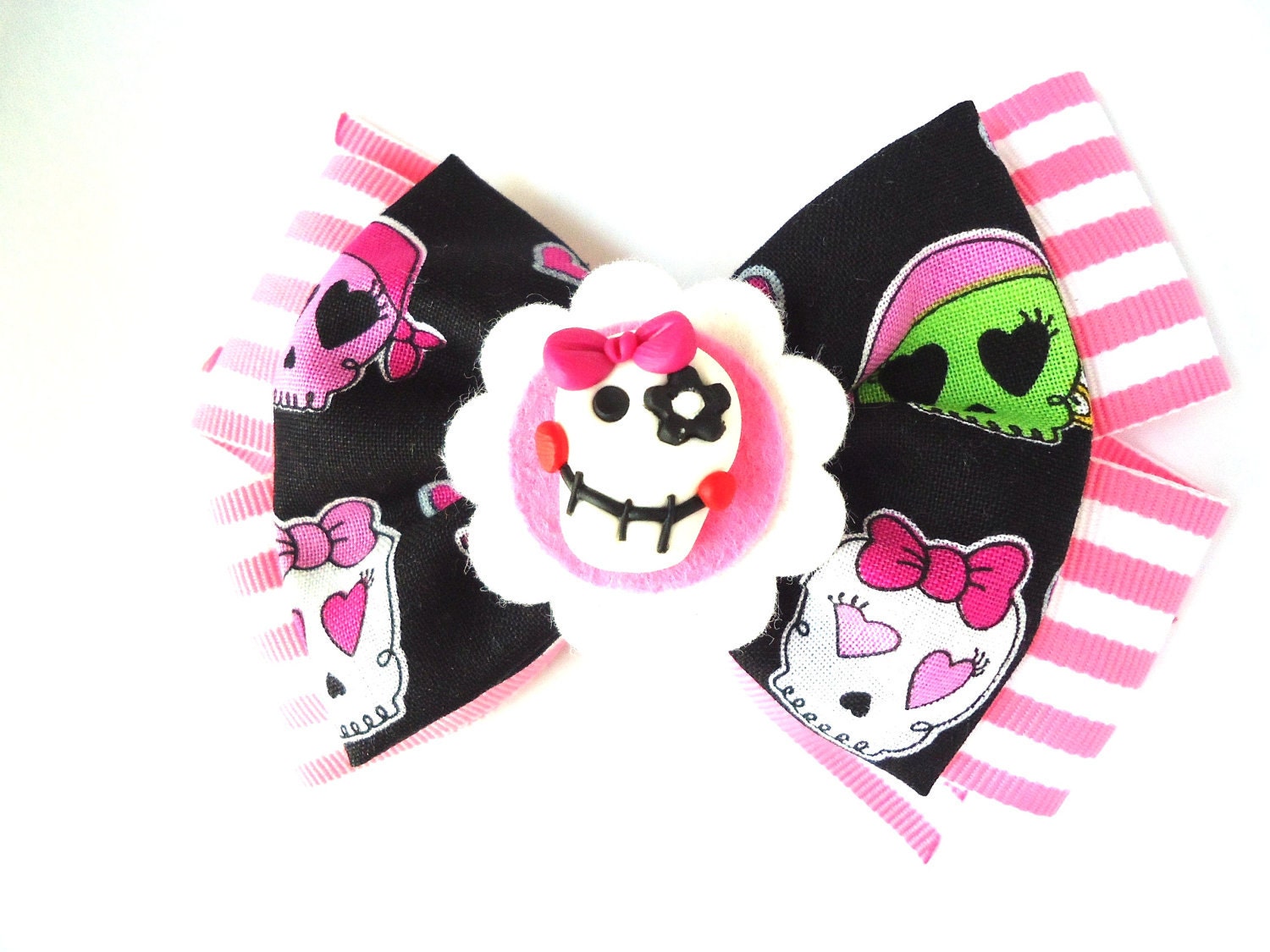 FREE Shipping // Dia de los Muertos Fabric and Ribbon Bow -Boutique Hair Bow- Day of the Dead Bow - Mexico