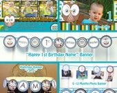 Owl Birthday Party Package Boy Look Whoos turning 1 Owl Boy Birthday  - 1st birthday party Boy Owl ( Invite, thank you, 3 banners included)