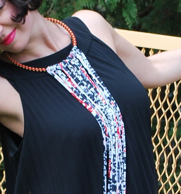Fringe Statement Necklace with Red Bungee Collar  and Black Red White Fringe and Gold Plated Clasp - Extra Long Fringe