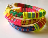 Set of 3 Bangles, Bungee Cord Bracelets with Neon Details and Gold Plated Findings