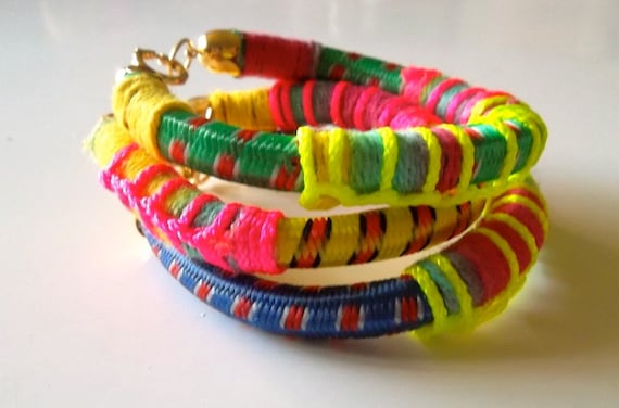 Set of 3 Bangles, Bungee Cord Bracelets with Neon Details and Gold Plated Findings