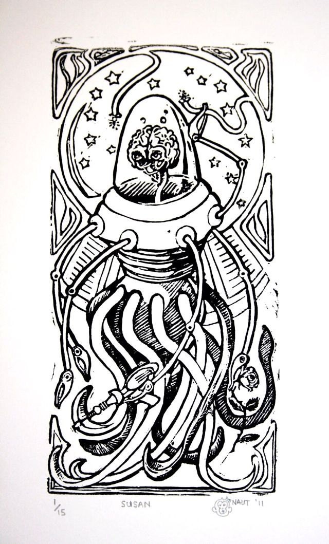 Susan - Linocut (Woodcut ish) Print, Brain Robot With Raygun and Rose Frees Herself & Seeks Her Creator