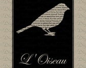 French Paris Bird Silhouette L' Oiseau Printable Digital Download for Iron on Transfer DIY to Fabric Pillows Tea Towels DT906