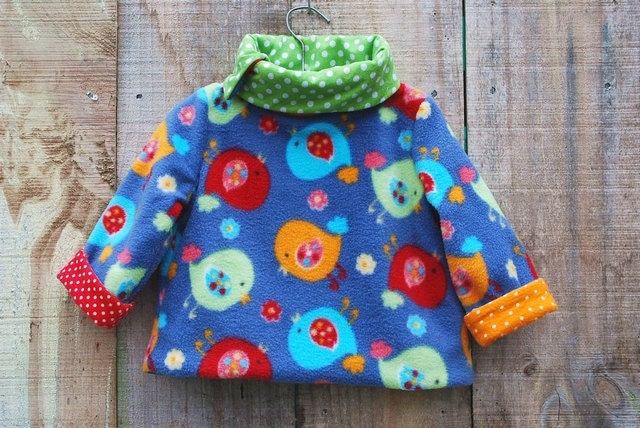 SALE - Baby Cowl Jacket Anorak Reversible Unisex Blue Multi colored Fleece with Bird print - Size 12m