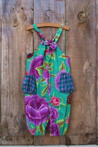 Baby Girl's Summer Romper in Floral Aqua Designer Cotton - Size 12m