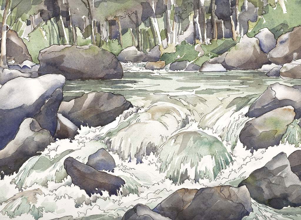Waters Splashing Mountain Waterfall Print