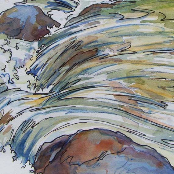 Song of the Water - Original Painting multicolor swirling waterfall cascade over granite river boulders