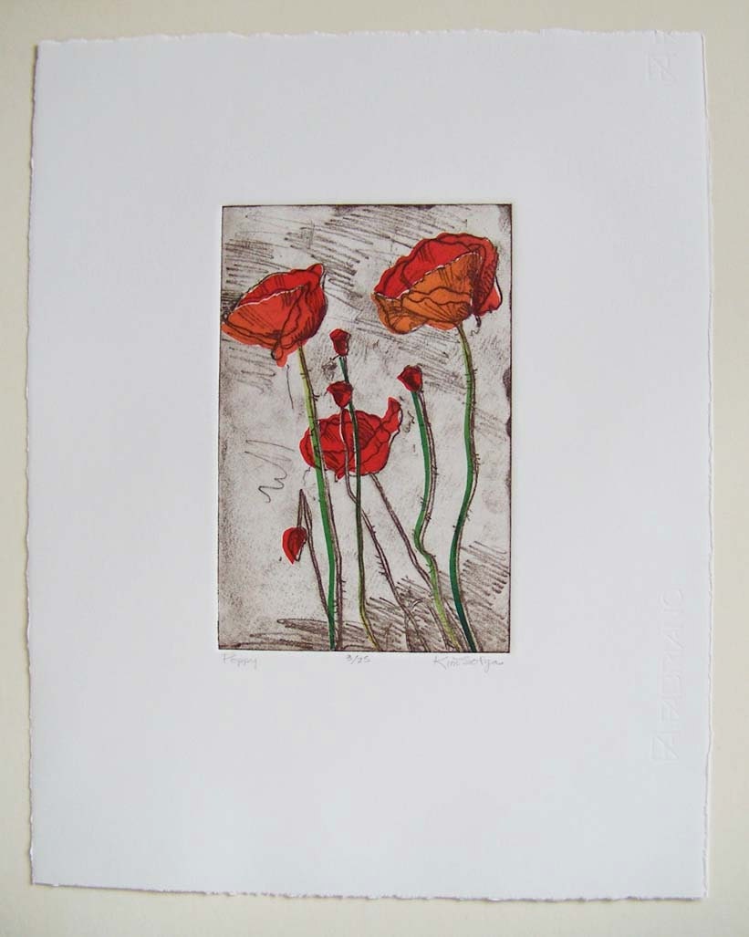 Red Poppies softground etching with chine colle in red orange green