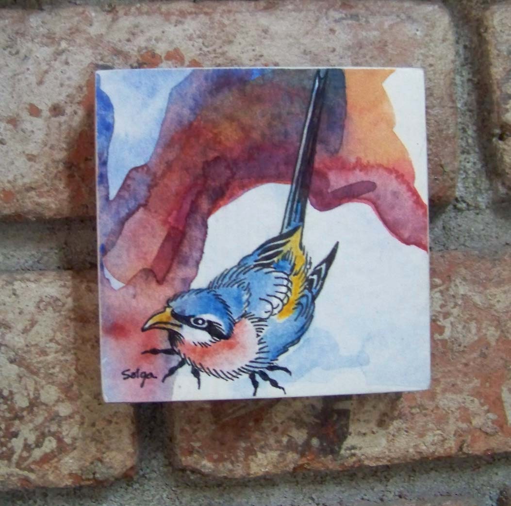 Bluebird Friend - Original watercolor mounted on antique red fir block