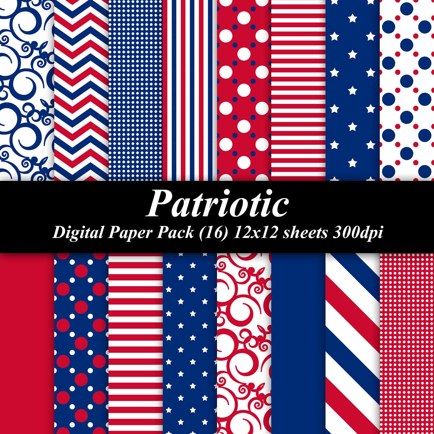 BUY 2 GET 1 FREE - Patriotic Digital Paper Pack (16) 12x12 sheets 300 dpi scrapbooking invitations 4th of July Independence red white blue