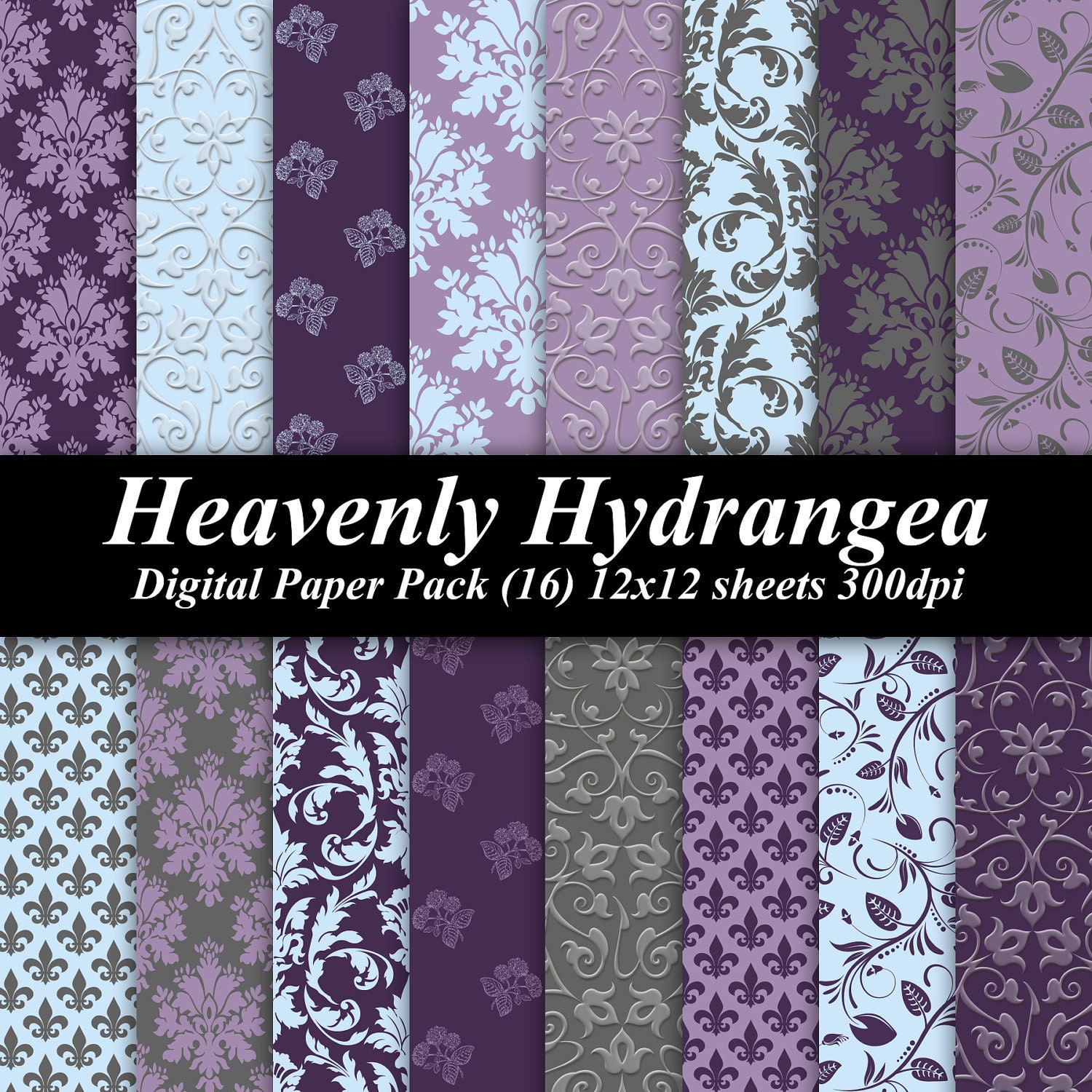 Heavenly Hydrangea Digital Paper Pack (16) 12x12 sheets 300 dpi scrapbooking invitations wedding purple blue gray