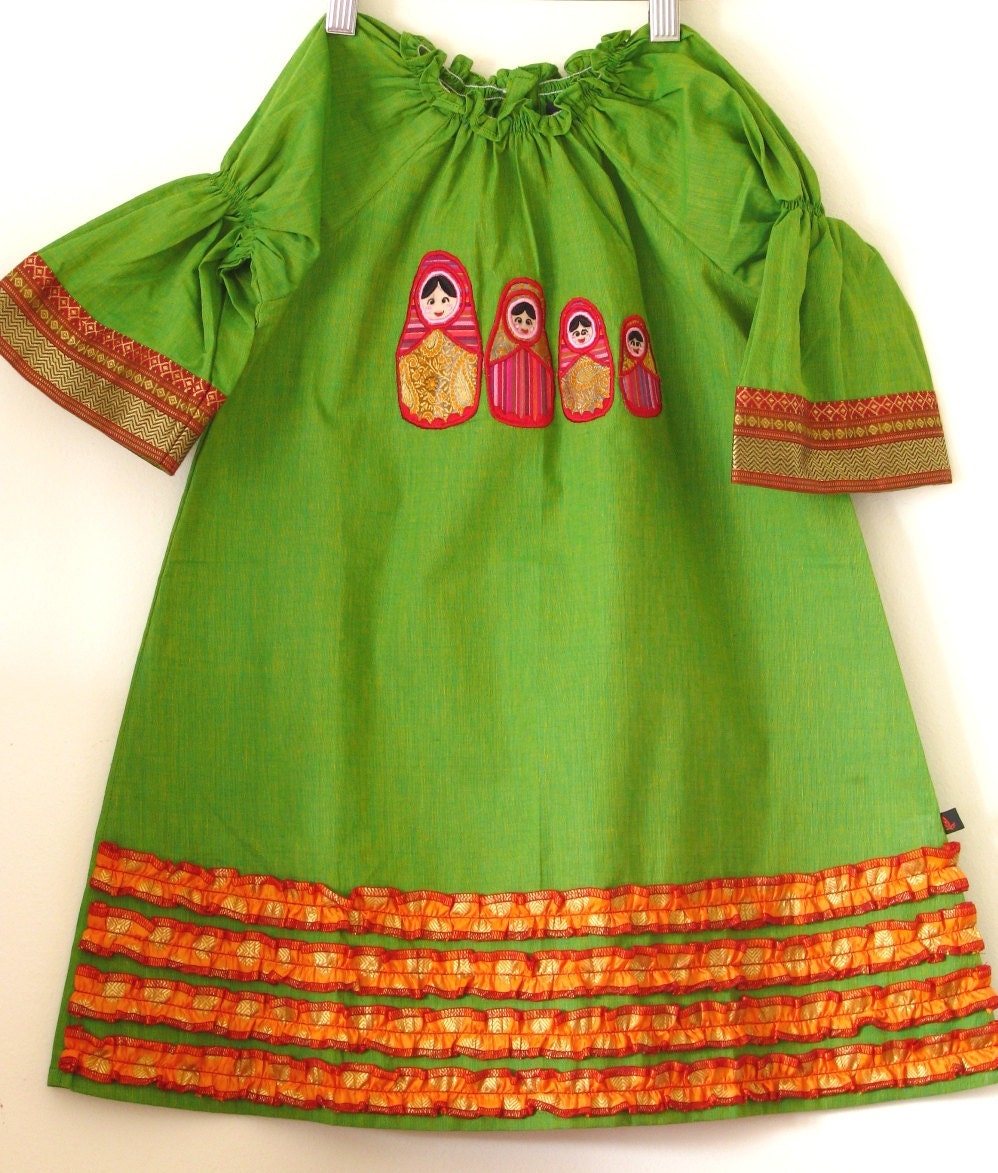 Girls tunic 'MATRYOSHKA- size 5 7-Green' -Hand loom cotton with applique and ruffle- girls summer dress, embroidery top