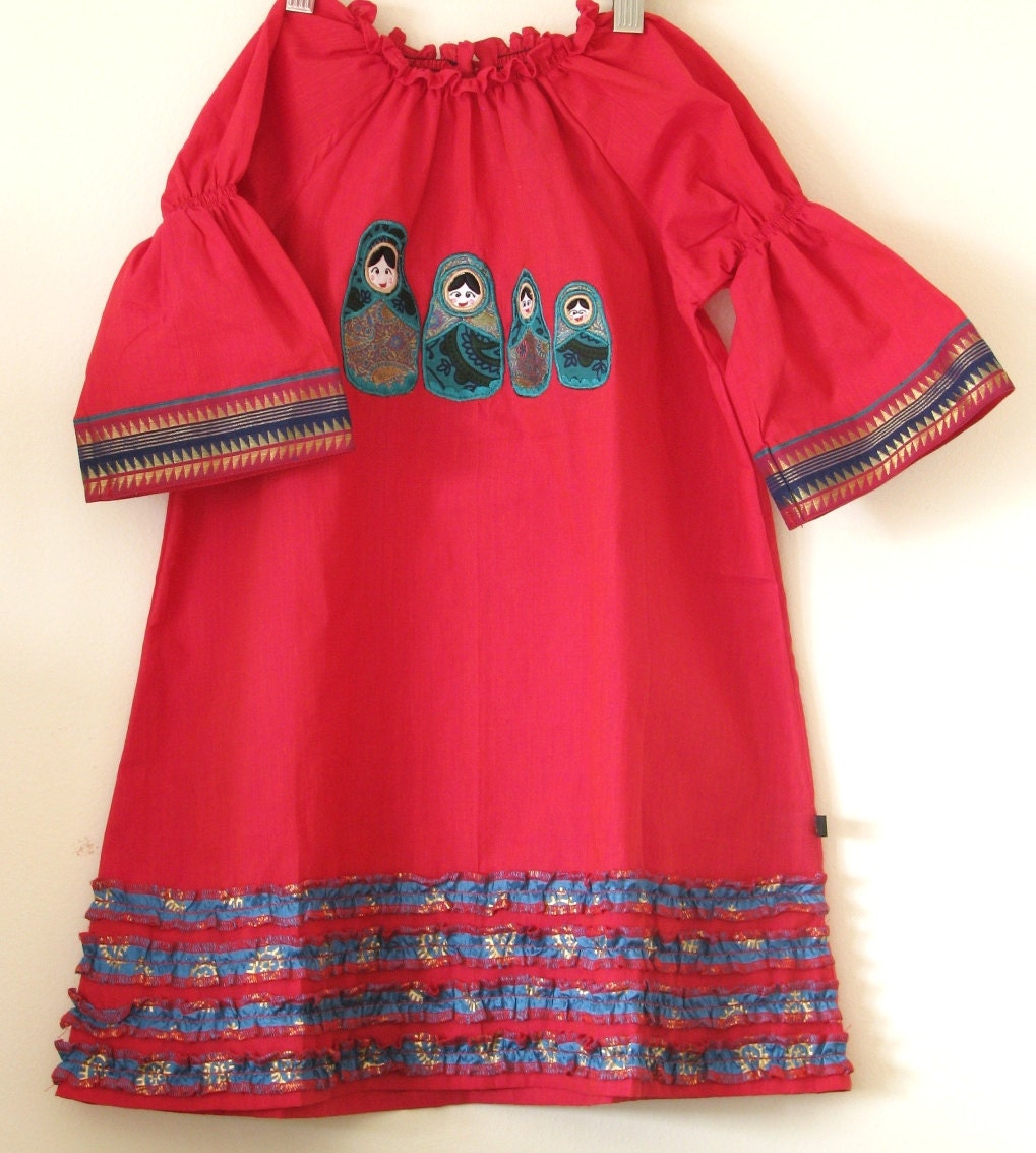 SALE-Boutique 'MATRYOSHKA-Candy' Tunic- girls 6  -Hand loom cotton with applique and ruffle
