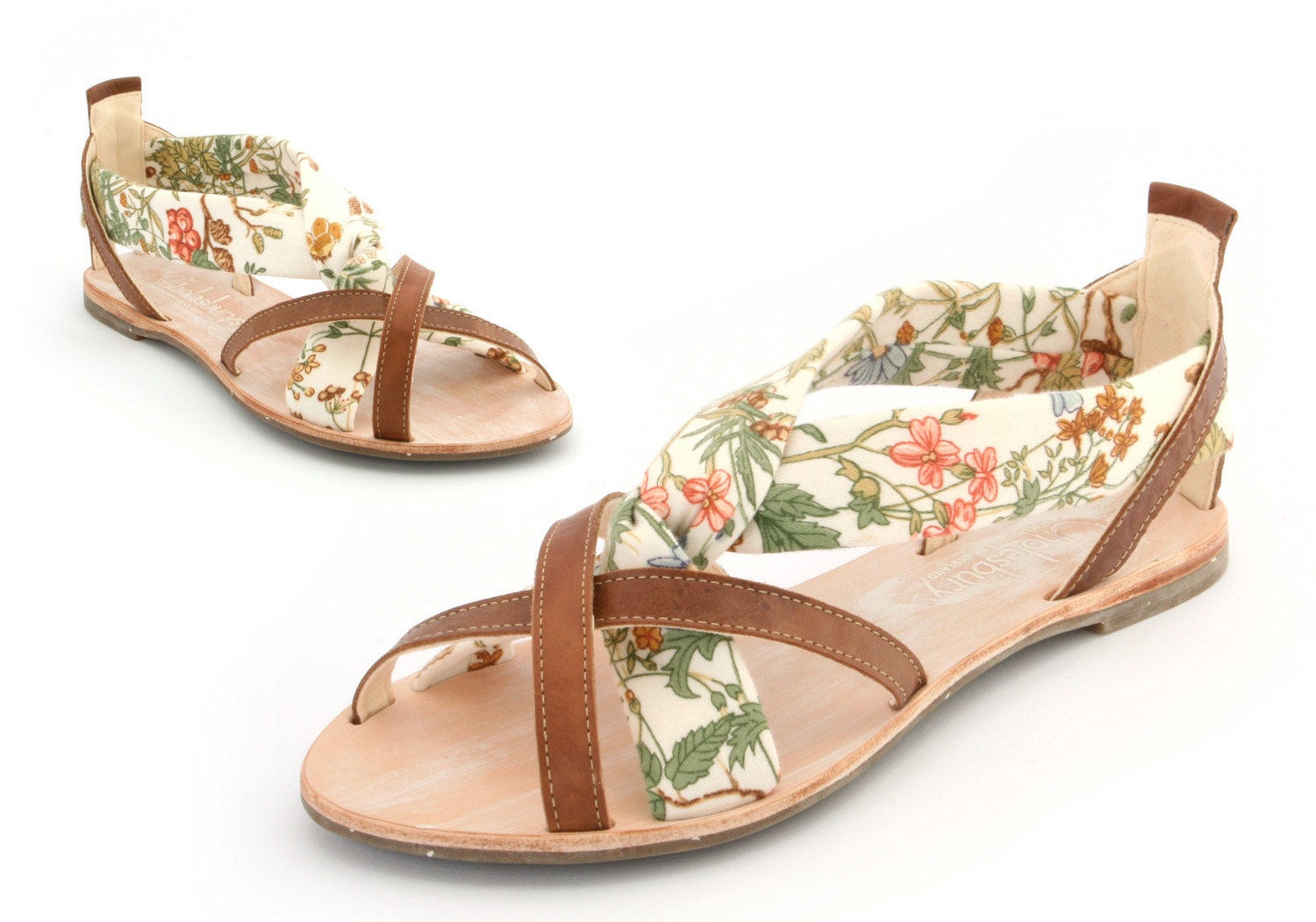 Leather and textile hand made ladies sandal Euro size 38 standard width fitting