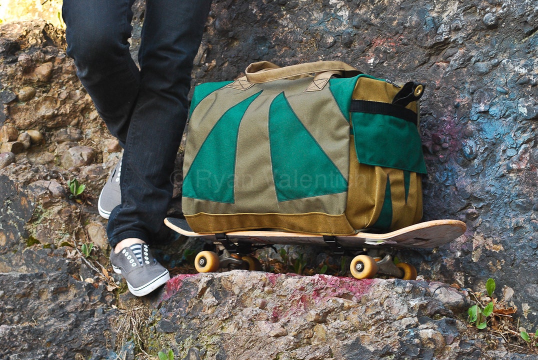 Large Duffel Bag -- emerald and desert -- skateboard straps. Made to order.