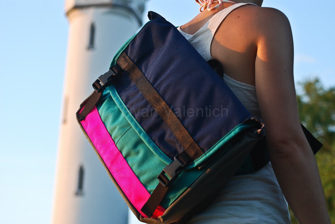 Small Messenger Bag -- Navy, Turquoise and Pink -- made to order.