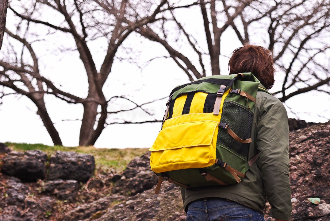 Large Backpack -- olive and lemon. Made to order.