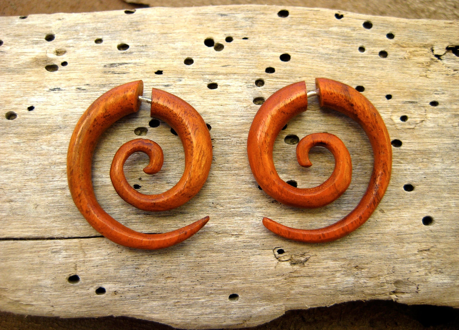 Earrings Fake Gauge Wooden Earrings Spiral Tribal Earrings - Gauges Plugs Bone Horn - FG009 OW