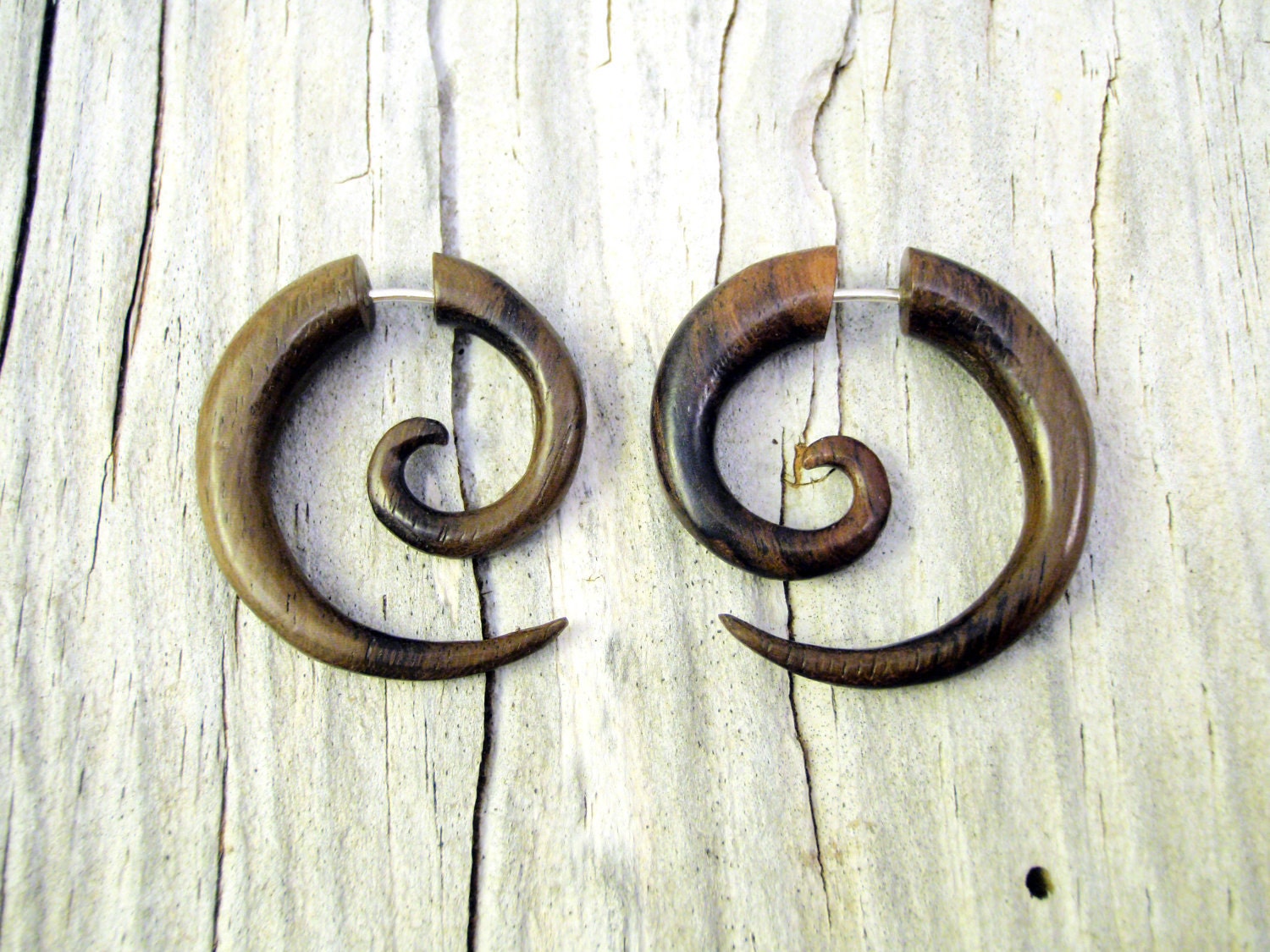 Fake Gauge Earrings Wooden Spiral Tribal Earrings - Gauges Plugs Bone Horn - FG009 W