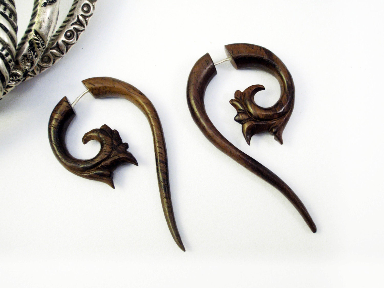 Fake Gauges Earrings Drops Wooden Earrings Flower Organic Natural Tribal Earrings Organic - FG012 W