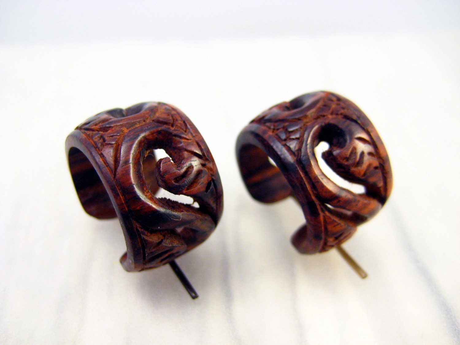 Round Hoop Hand Carved Wood Post Earrings Tribal Style  - PE014 RW