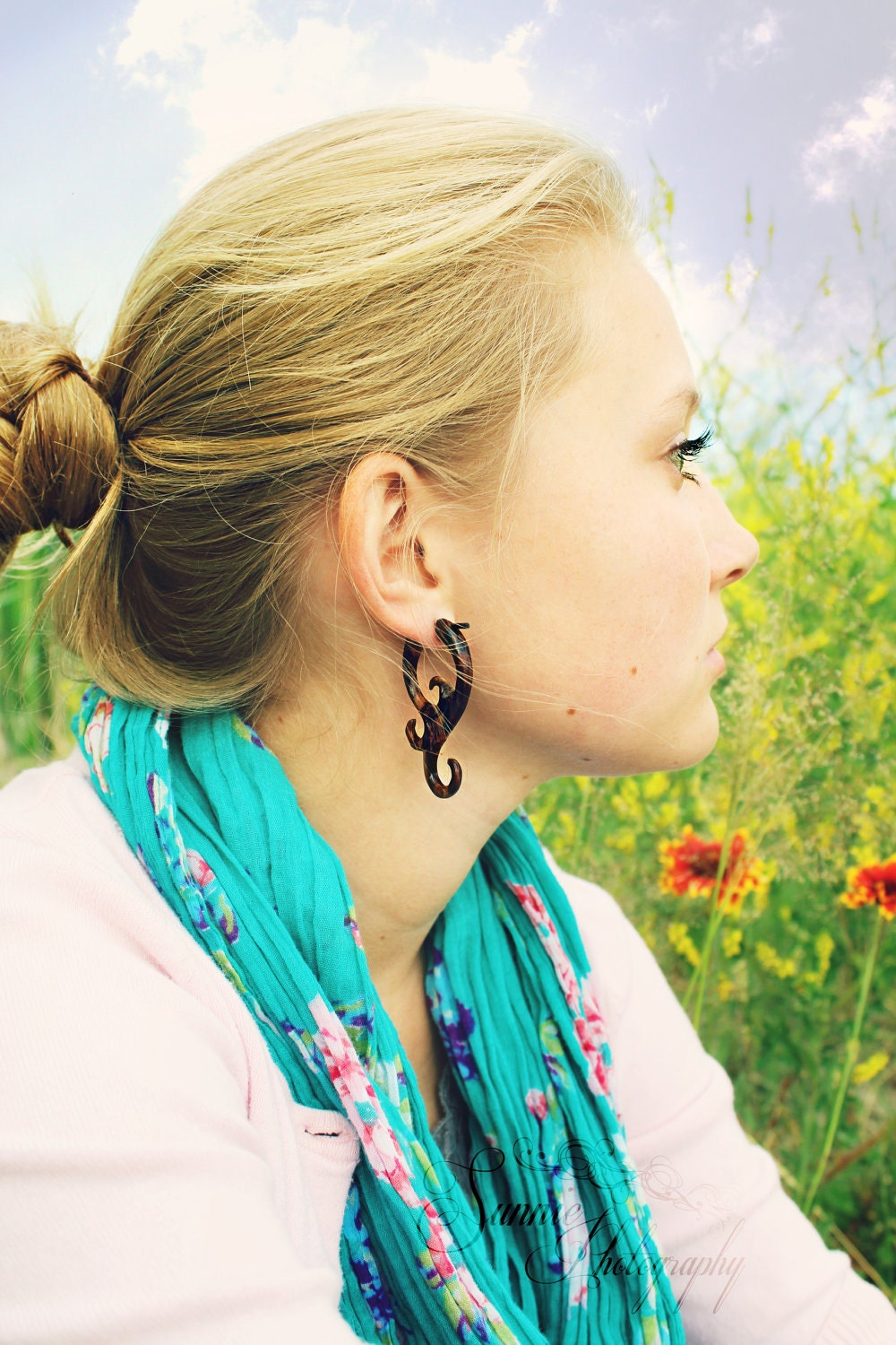 Post Earrings Jasmine Curls wood Tribal Earring - Gauges Plugs Bone Horn - PE008W