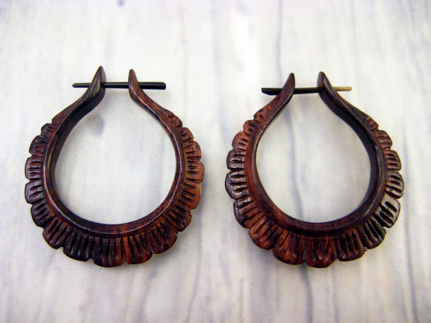 Oval Hoop Hand Carved wood Post Earrings Tribal Style - Gauges Plugs Bone Horn - PE004 RW