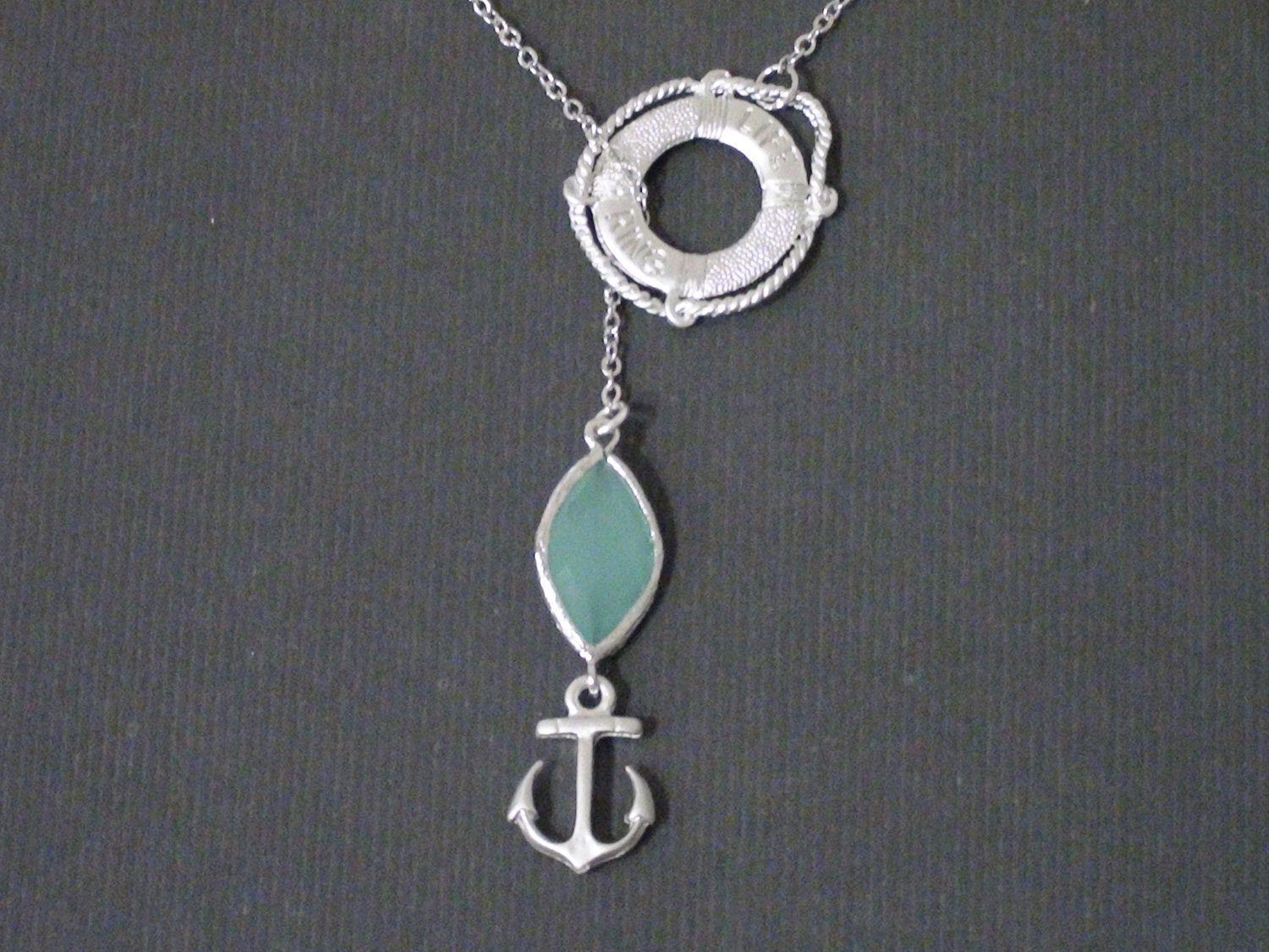 Sale-Treasure of Mint Opal Glass Marquise Connector With Mini Anchor Charm And Lifeguard Tube-Lariat Necklace