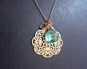 Sale-Personalized Birthstones, Initial Leaf, Apatite Blue And Oriental Filigree-Bridesmaids Gift, Wedding Gift, Necklace