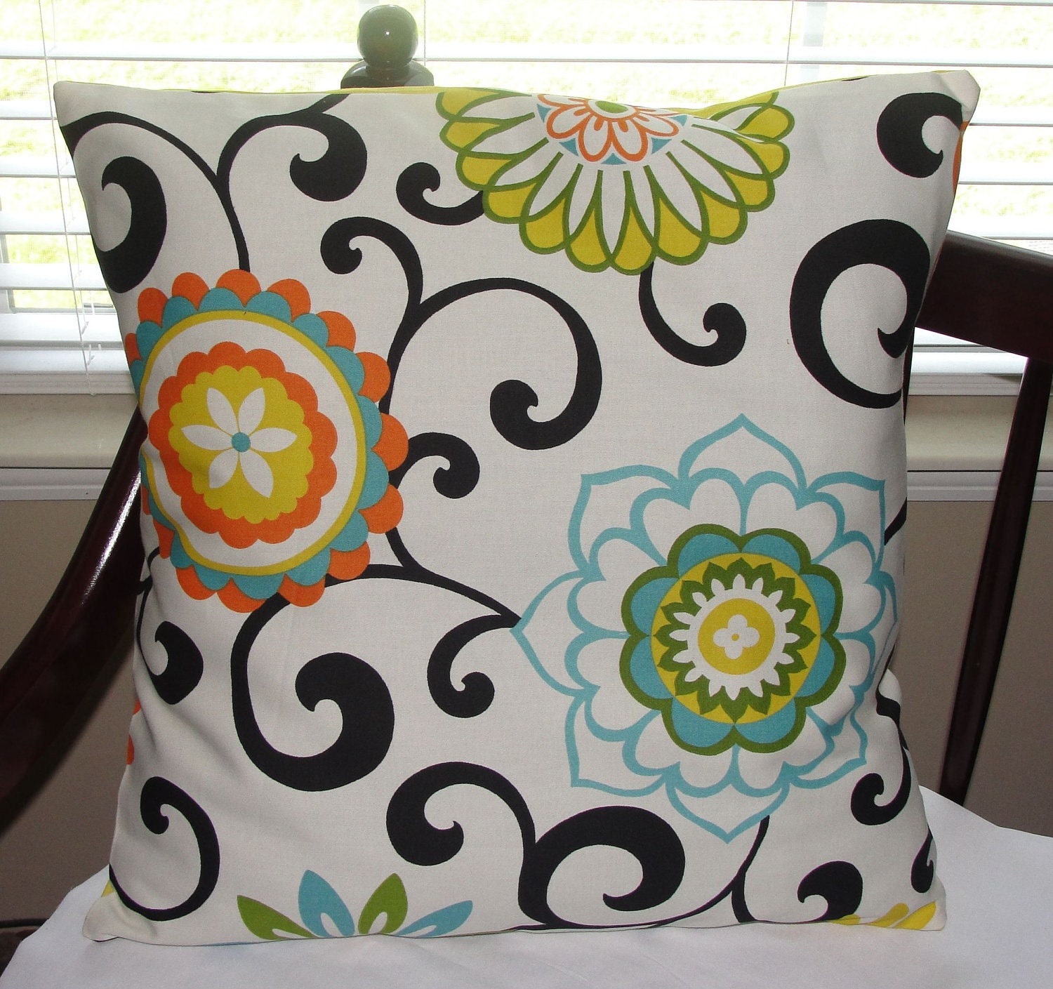Designer Throw Pillow Cover Pom Pom Play Confetti Floral 20"x20" Big Bold Orange Green Turquoise Yellow Flowers