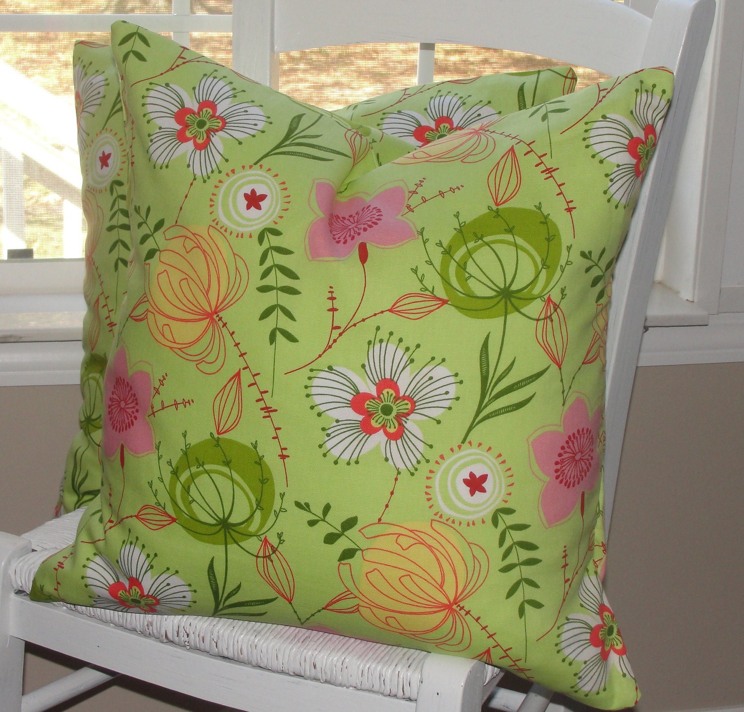 Items similar to CLEARANCE Throw Pillow Covers Lime Green Floral Print