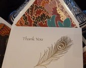 Gold Peacock Feather Thank You Cards.  Set of four embossed note cards with lined envelopes.