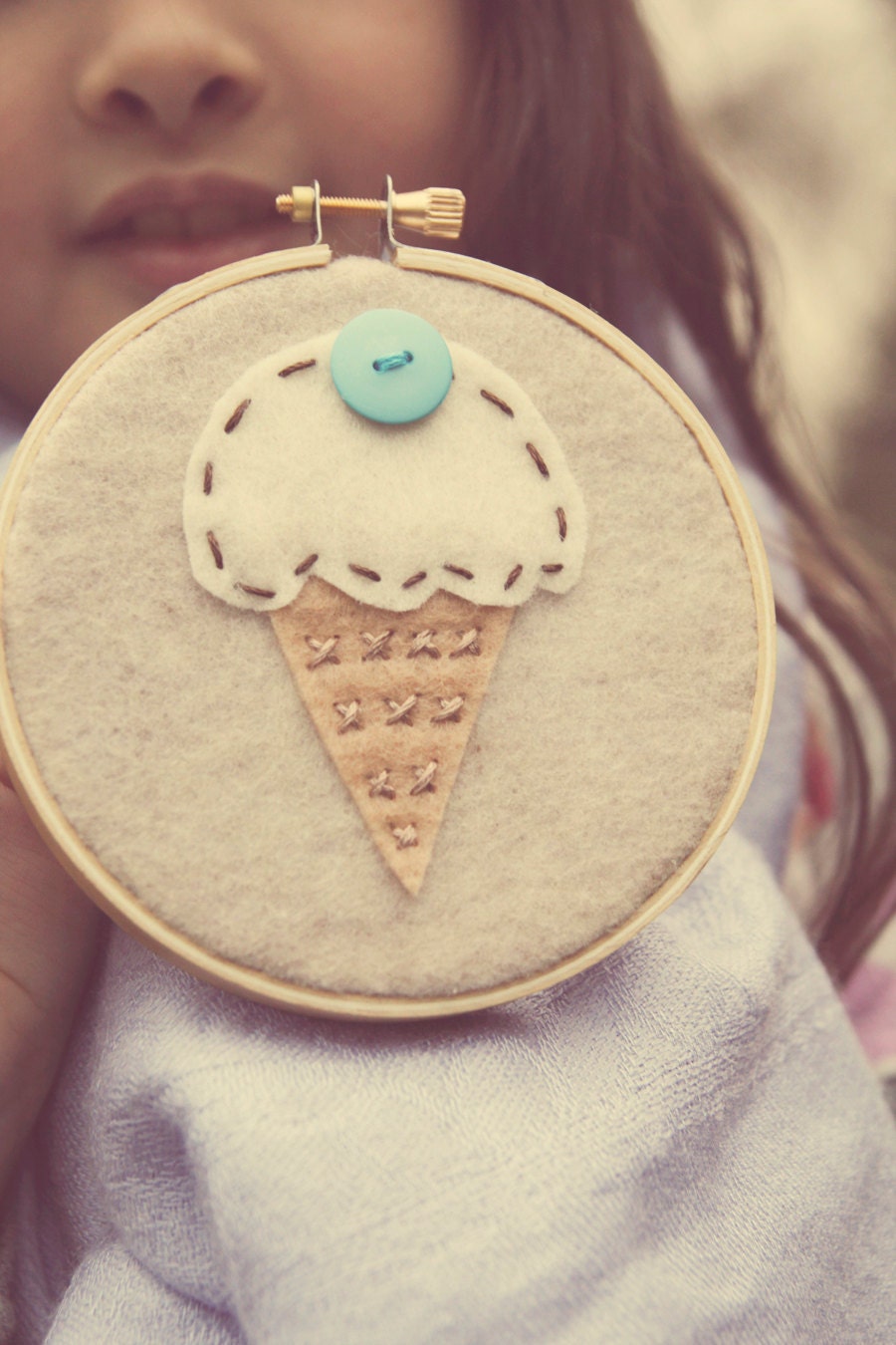 Embroidery Hoop Art Felt Ice Cream Cone with Aqua Button by Catshy Crafts
