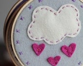 Embroidery Hoop Art. Raining Pink Hearts. Handstitched Felt Cloud and Hearts by Catshy Crafts.
