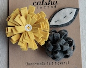 Handmade Felt Flowers and Leaf. Canary Yellow Fringed, Charcoal Grey Loop, Stitched Leaf. Felt Embellishments by Catshy Crafts