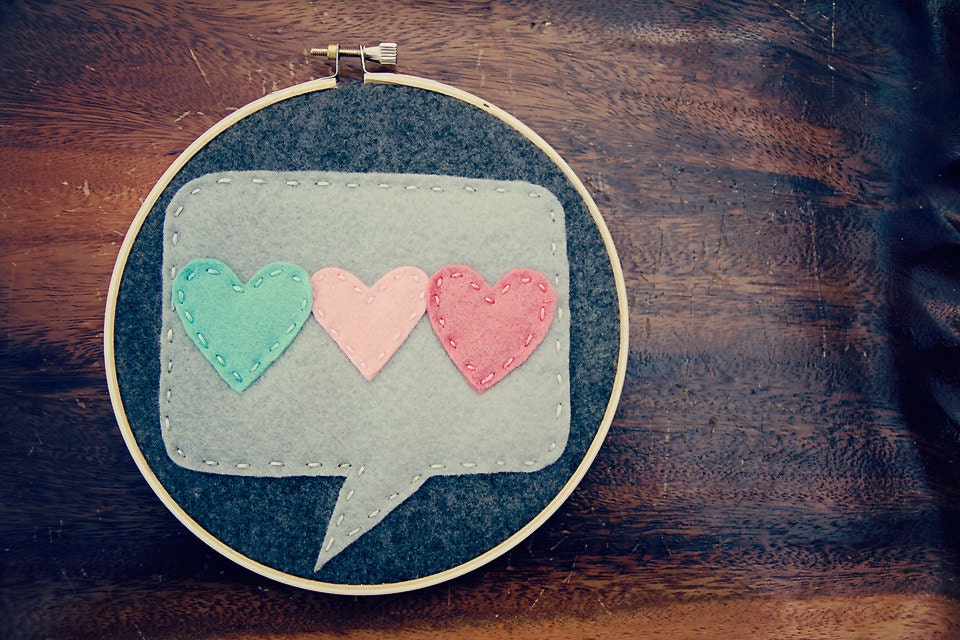 Embroidery Hoop Art. Felt Applique. Three Felt Hearts on Grey Speech Bubble. Wall Hanging Nursery Decor by Catshy Crafts